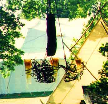 chandelier under the oak; art in action 1998, waterperry - selling lamps in broad daylight!